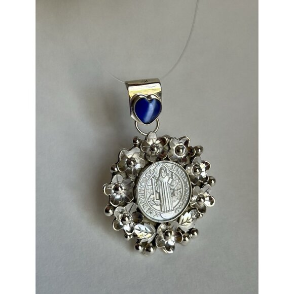 Sterling Silver Medallion of St. Benedict Floral Mother Of Pearl Religious - Picture 1 of 15